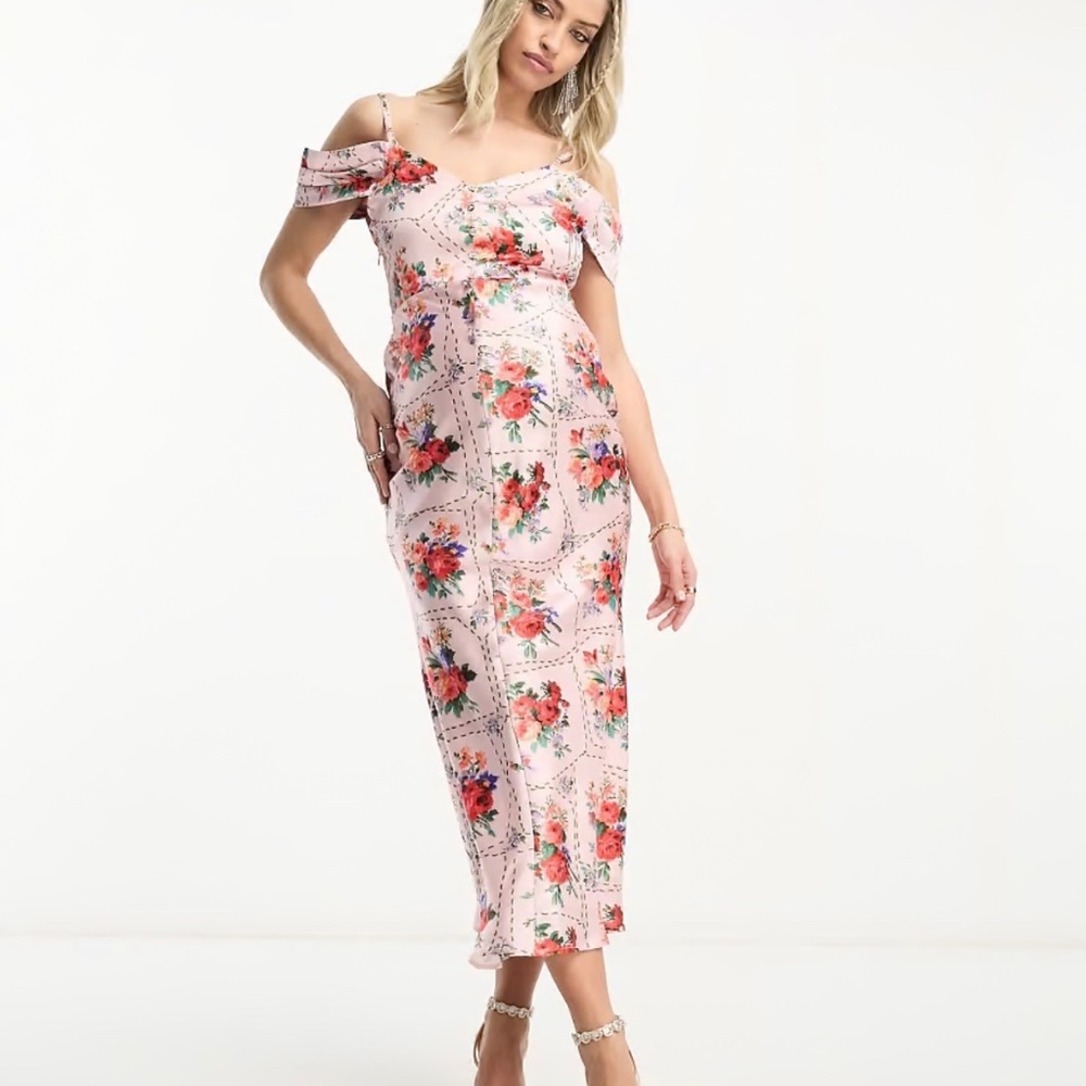 Hope & Ivy Maternity Size 8 Cold Shoulder Satin Midi Dress Pink Floral NWT